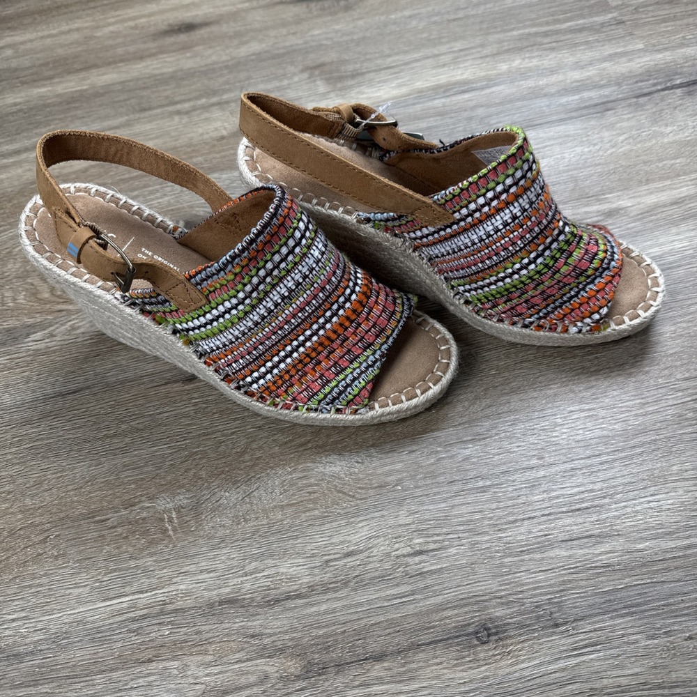 Toms Women's 8.5 US‎ Monica Mule Wedge Heeled Sandals Cherry Tomato Global Woven